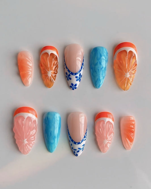 Summer Citrus and Floral Press-On Nails, Tropical Orange Blossom Nail Art Set, Handpainted False Nails