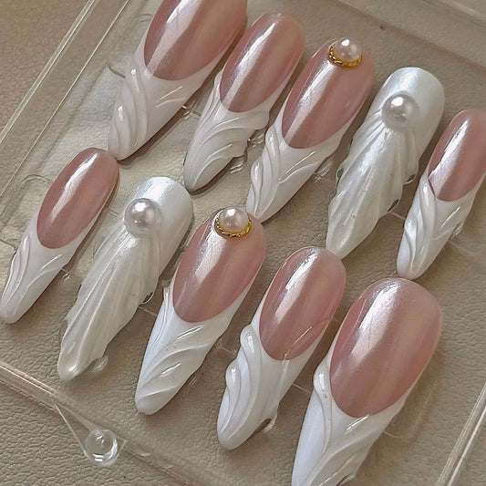 Elegant Pearl Swirl in Soft Pink Press-On Nails, Graceful Pearl Embellished Nails, Bridal Pearl Nail Set