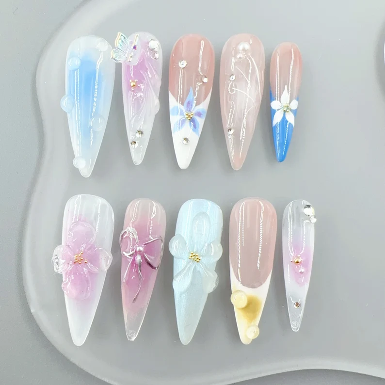 Bling Glossy 3D Spring Flower False Nail